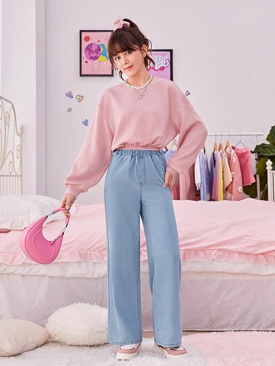 Image of ADBUCKS Girl's Stretch Denim Wide Leg Jeans Comfort Fit with Elastic Waistband, Straight Cut, Casual Style for All Seasons, Versatile Clothing