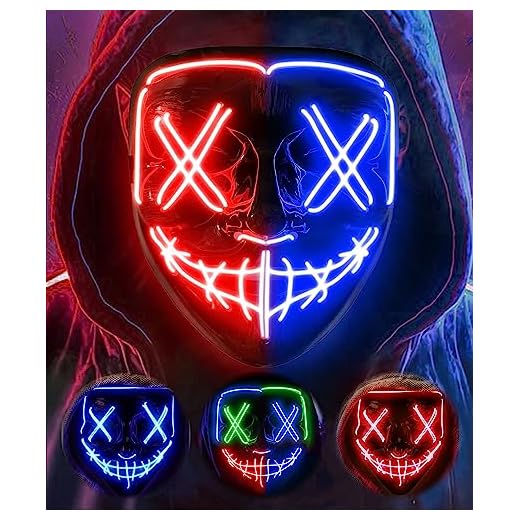 AnanBros Mascara LED Halloween, la Purga Mascara LED, Halloween Purge Mask 3 Modos de Iluminación, Brilla en la Oscuridad Mascara la Purga LED para Fiestas de Disfraces Cosplay Carnaval - Azul y Rojo