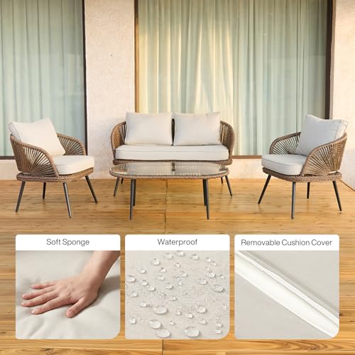 Tribesigns 4-Piece Outdoor Patio Furniture Set with Removable Waterproof Cushions, All-Weather Rattan Wicker Conversation Furniture Set with Glass Coffee Table for Garden, Pool, Porch, Balcony (Brown) - Image 5