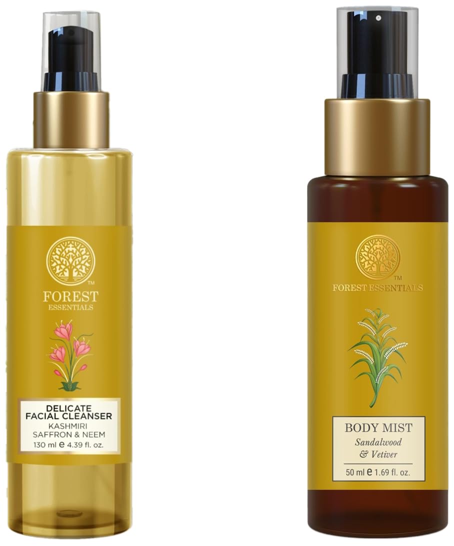 Forest Essentials Travel Size Body Mist Sandalwood & Vetiver (50ml) and Delicate Saffron & Neem Facial Cleanser with Hyaluronic Acid-image-28
