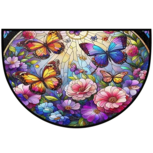 Image of Half Round Doormat Colored Butterfly Flowers Non Slip Half Circle Area Rugs Indoor Washable Half Moon Rug Semi Circle Bathroom Runner Mat Entrance Floor Carpet for Kithen Bedroom Fireplace Decor