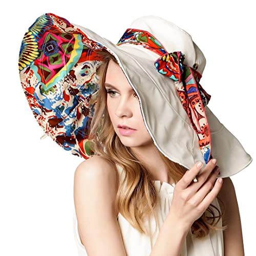 Reversible Large Brim Floppy Sun Hat Foldable Bucket Beach Hat Anti-UV Travel Boho Cap for Women Chin Strap Beige