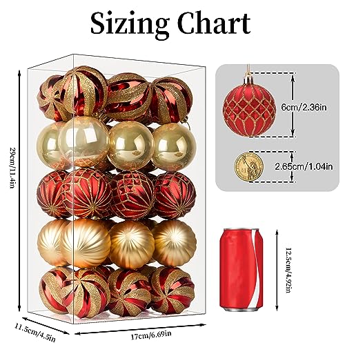 SHareconn 30ct 2.36 Inch Christmas Tree Balls Ornaments, Colored Shatterproof Plastic Decorative Baubles Decorations for Xmas Tree Decor Holiday Party Wedding Decoration (Red & Gold, 60mm)