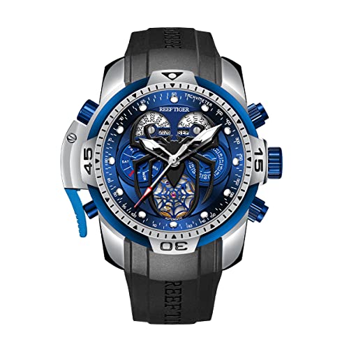 REEF TIGER Fashion Style Sport Automatik Uhr Spinne Zifferblatt mit Kompliziertem Jahr Monat Ewiger Kalender Mechanische Gummi Uhren RGA3532SP (RGA3532SP-YLR)