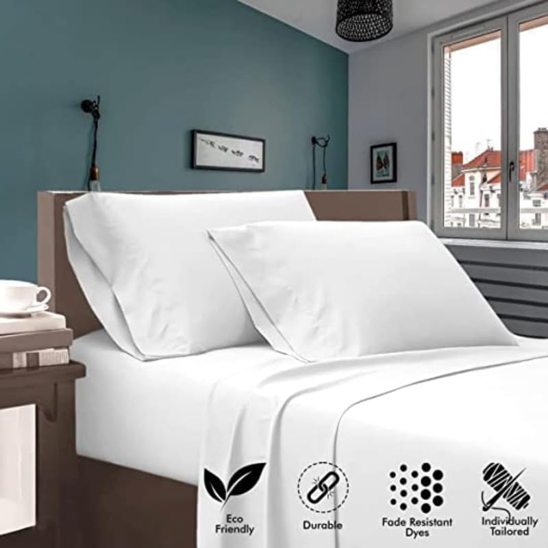 Image of Flat Bed Sheet with 2 Pillow Covers 600 Thread Count 100% Egyptian Cotton Bedsheet Queen Size White