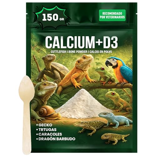 AF - 150gr Calcio Tortugas de Agua en Polvo, Gecko, Dragón Barbudo, Caracoles | Carbonato de Calcio Reptiles enriquecido con Vitamina D3 | Fácil digestión, Dosis Justa con Cuchara medidora.