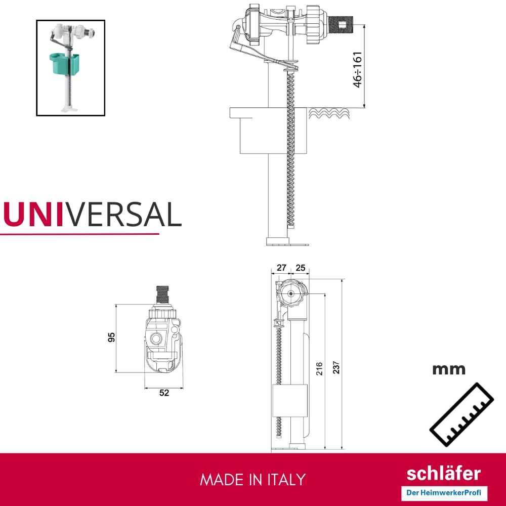 Schläfer 461601 | Rubinetto Galleggiante Universale 3/8 per Cassetta Wc, Raccordo in Ottone, Silenzioso Compatibile con Cassetta Sigma di Geberit e modello Sara di Pucci, Valvola regolabile