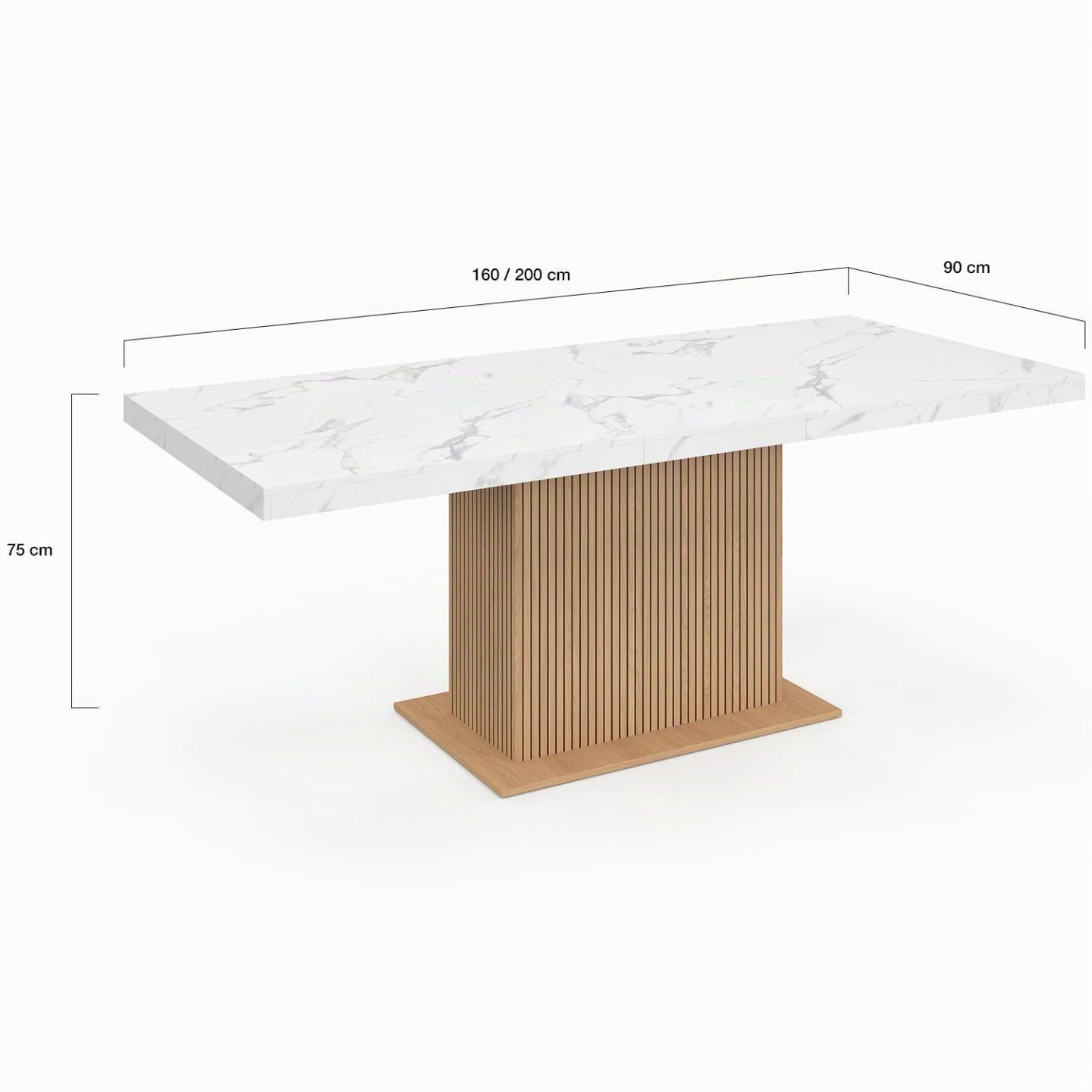 IDMarket – Tavolo da pranzo allungabile rettangolare Julieta 6-10 persone, vassoio effetto marmo, doghe in legno con spazio di archiviazione, 160-200 cm