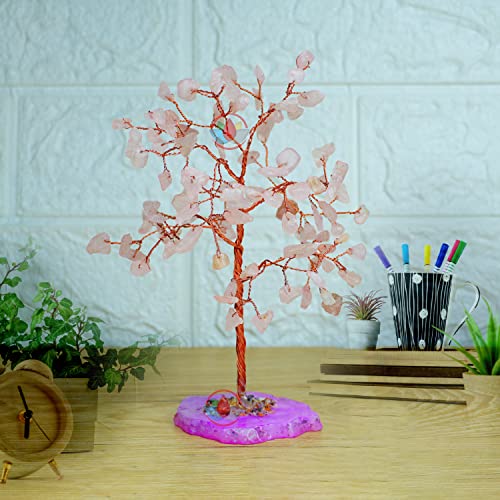 Image of REMEDYWALA Charged Rose Quartz Crystal Tree with Agate Slice Base for Reiki Healing (100 Beads)