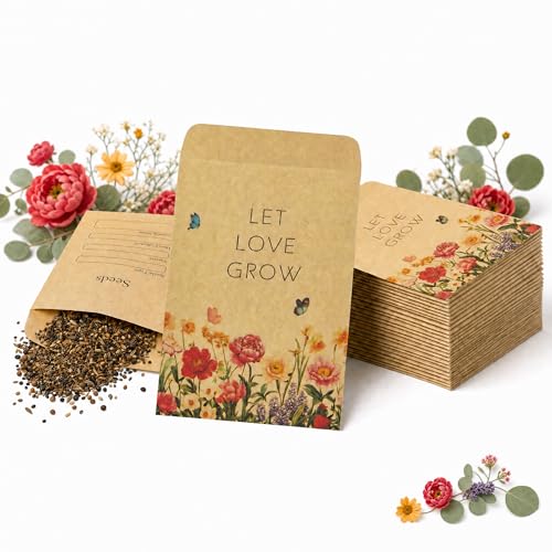 50 Pack Let Love Grow Seed Packet Envelopes, Empty Wildflower Wedding Favors for Guests, Self Adhesive Kraft Favor Bags for Bridal Shower Baby Shower Party Decorations