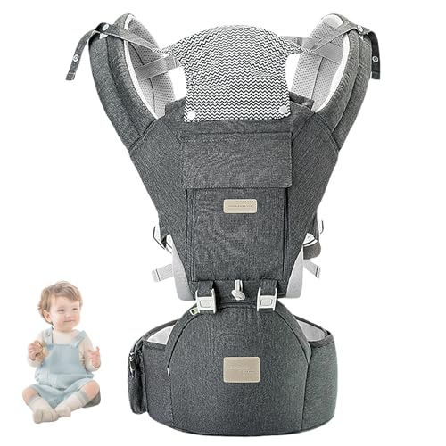 Portabebés recién nacidos a partir de 3 a 36 meses, de algodón, ergonómico, con asiento en la cadera, suave y transpirable, para viajes, paseos, todo el año (gris)