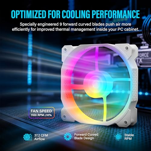 Image of Geonix Luma 120mm FRGB Cabinet Cooling Fan | Hydraulic Bearing | 1100 RPM | Molex + 3 Pin Connector | 9 Blade High Airflow PC Fan | White