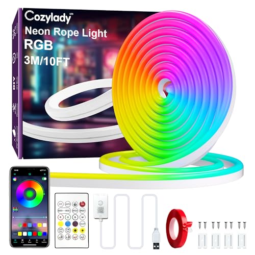Cozylady 3M USB LED Bluetooth LED Neon Rope Lights Waterproof RGB Neon Strip Lights Music Sync Remote/APP Control Flexible LED Neon Lights for Bedroom Room IP67 Outdoor Indoor Decor