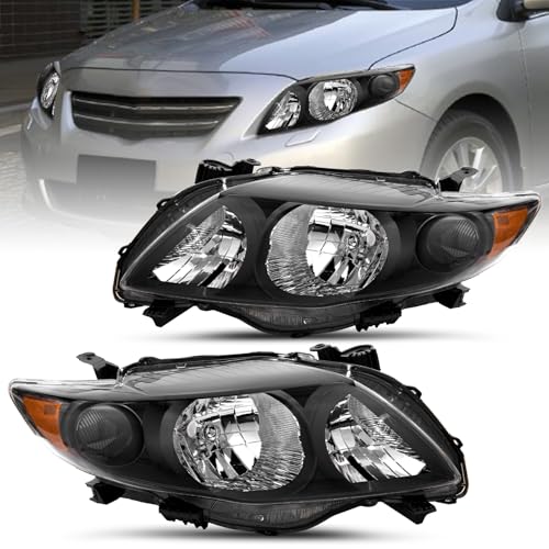 JSBOYAT Headlight Assembly Replacement for 2009 2010 Toyota Corolla CE/LE/XLE Models Black Housing Amber Reflector Pair Driver and Passenger Side