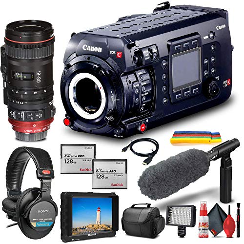 Canon EOS C700 Full-Frame Cinema Camera (Cinema Locking EF-Mount) (3042C002) + Canon CN-E 18-80mm Lens + 4K Monitor + Pro Headphones + Pro Mic + LED Light + 2 x 128GB CFast 2.0 Card + More (Renewed)
