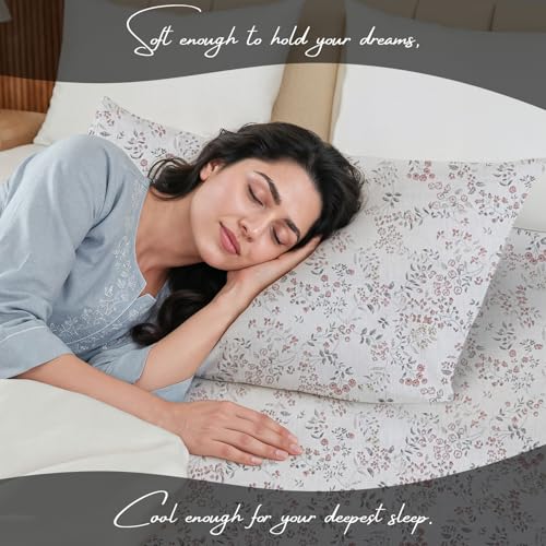 Image of LINENWALAS 100% Cotton Flat Bed Sheet for Double Size Bed | Super Soft, Breathable, Oeko-TEX Certified 300 TC | Premium Hotel Class Floral Bedsheet with 2 Pillow Cover (90x100 Inches, Blush Meadow)