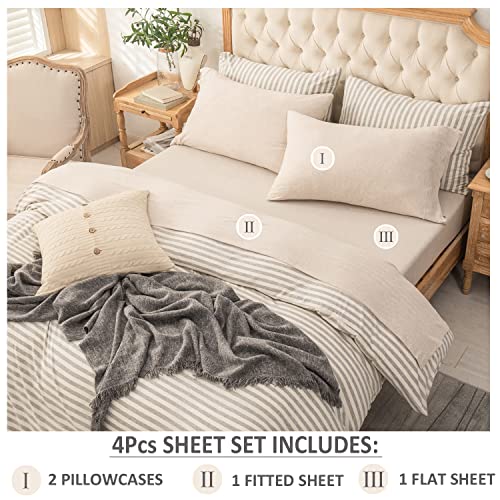 PURE ERA Jersey Knit 4pc Bed Sheet Set 100% T-Shirt Heather Cotton Super Soft Comfy Breathable Fits Mattress Up to 20" Extra Deep Pocket (Heather Beige, King)