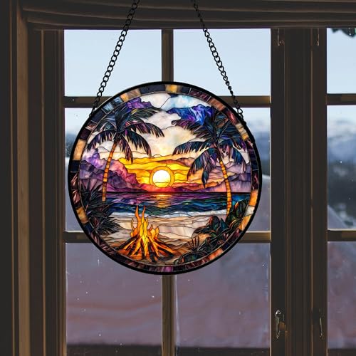 Image of DASTOLL Stained Glass Window Hanging,Bonfire Beach Landscape Suncatcher Diamond Glass Panel Sun Catchers Decor for Birthday for Women, Men, Wife, Aunt, and Mom 14.9x14.9 in
