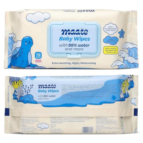 Image of Maate Baby Wipes | Soothing & Hypoallergenic | Infused With Plant Squalane, Tamanu Oil & Aloe Vera | Moisturizing & Hydrating | Wipe for Baby's | Paraben & Sulphate Free (pack of 1, 4 wipes)
