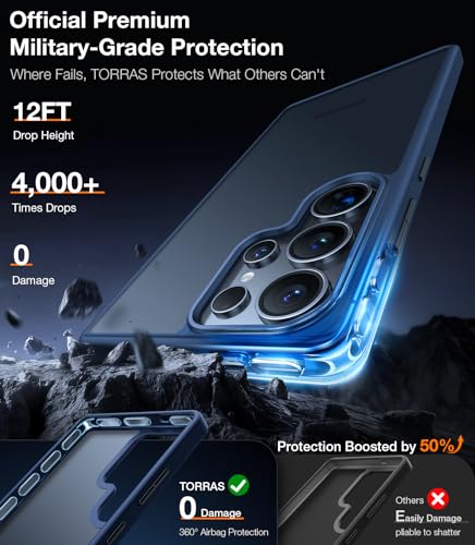 Image of TORRAS Shockproof for Samsung Galaxy S25 Ultra Case, 12FT Military-Grade Protection, Slim Case for Samsung S25 Ultra Case, Matte Translucent Blue, Thin, Guardian Series