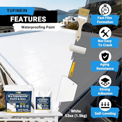 Image of Rubber Liquid Waterproof Sealant, TUFINEIN 53oz /1.5kg White Quick Drying Multi Surface Foundation Leak Repair - Roof Gutters Basement Sealer Waterproof - Indoor & Outdoor Flexible Rubber Paint