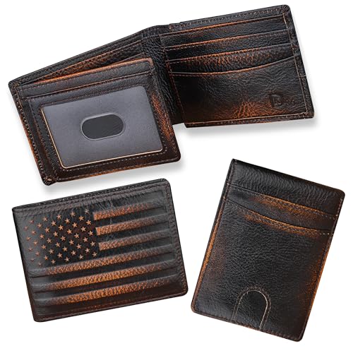 DK86 USA Flag Wallet for Men Slim Rfid Bifold Genuine Leather 2 ID Window With Gift Box (black brown with US flag)