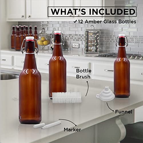Nevlers 12 Pack Of Amber Glass Beer Bottles For Home Brewing 16 Oz - The Glass Bottles With Caps Comes With A Funnel, Brush & White Marker - Great Amber Bottles & Empty Bottles For Beer Brewing #TOP7