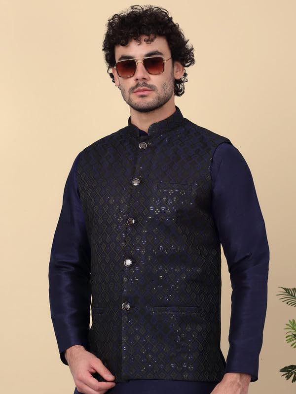 Image of KRAFT INDIA Men's Embroidered Sequins Jacquard Nehru Jacket