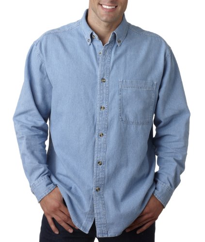 Ultra Club Men's Tall Long Sleeve Denim Shirt with Pocket, XLT, Light Blue