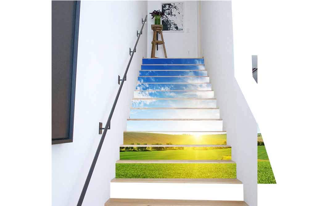 3D Colorful Art Self-Adhesive Stairs Risers Stickers Bright Dawn Over Corn Field Furniture Mural Decor Kitchen Bathroom Wallpaper 39 3 x 7 08 Inch 13PCS/Set