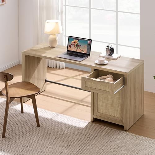 Image of SICOTAS 59 inch Rattan Computer Desk Wood Desk, Home Office Desk with Drawer | Large Boho Farmhouse Writing Table Vanity Desk with Cabinet for Office, Study, Living Room, Dining Room