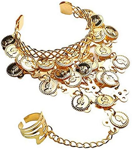 Yozone Gold Gypsy Jewelry Belly Dance Gold Triangle Bracelet Hand Jewelry Ladies Gold Bracelet Ladies Belly Dance Jewelry Coin Bracelet Bracelet with Ring（2 Pieces）