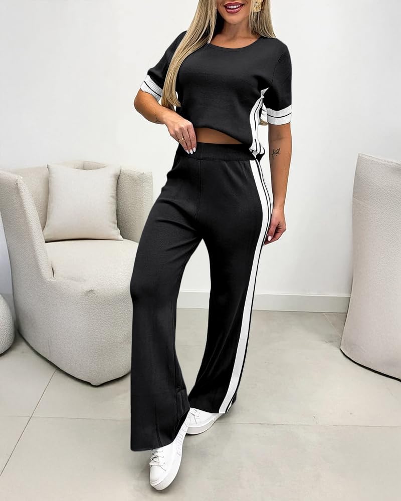 CHICME Womens 2 Piece Outfits Knit Sweat Suit Side Stripes Short Sleeve Top Wide Leg Pants Casual Lounge Set Travel Outfits