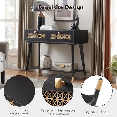 EDYO LIVING Mid Century Modern Console Table with 2 Drawers and Open Shelf, Narrow Wood Entryway Table for Living Room, Hallway, Bedroom, Foyer (Black) - Thumbnail 6
