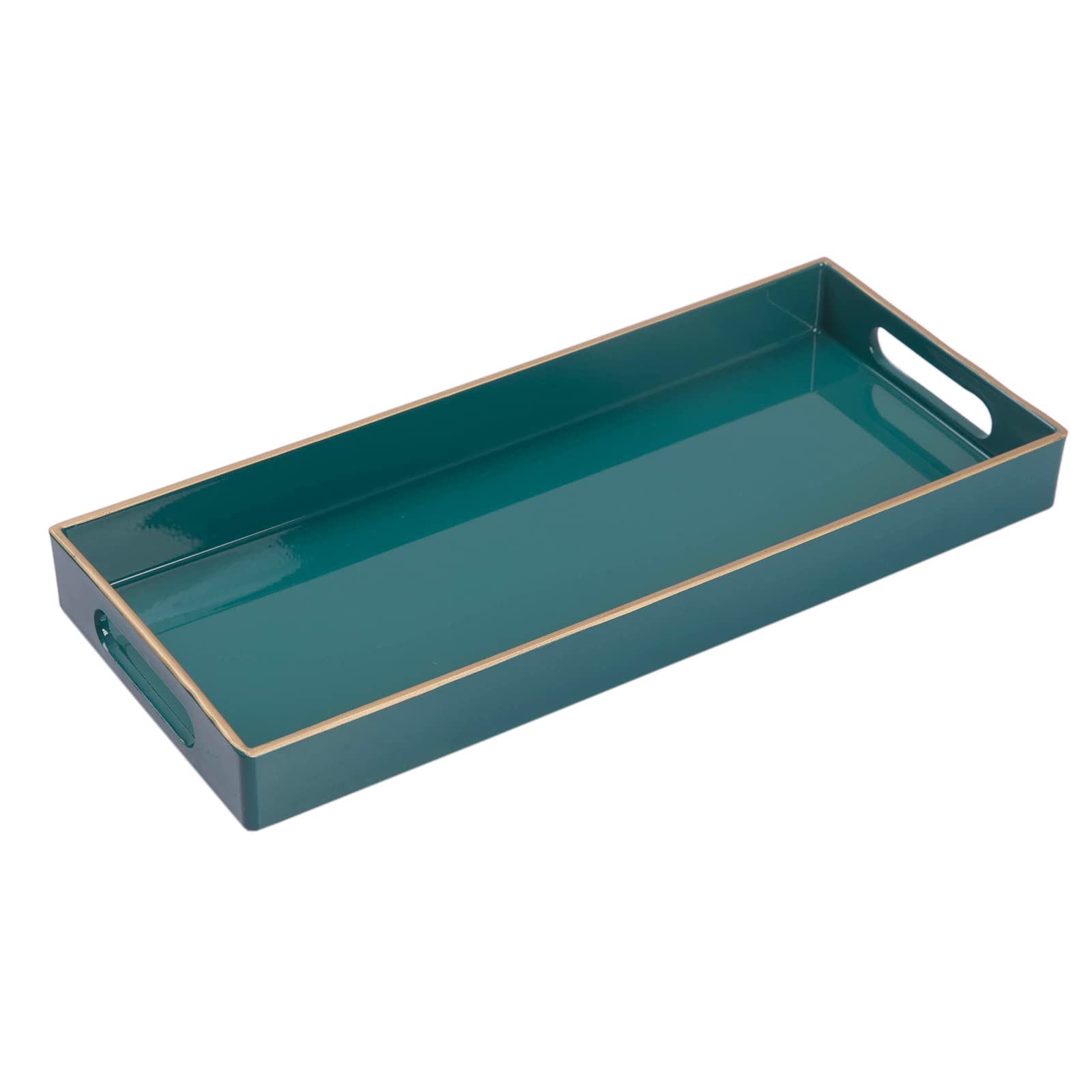 MAONAME Green Bathroom Tray, Plastic Vanity Tray, Narrow Countertop Trays with Handles, Perfume Organizer Trays for Dresser, Bathroom Accessories, 13.8" x 6" x 1.57"