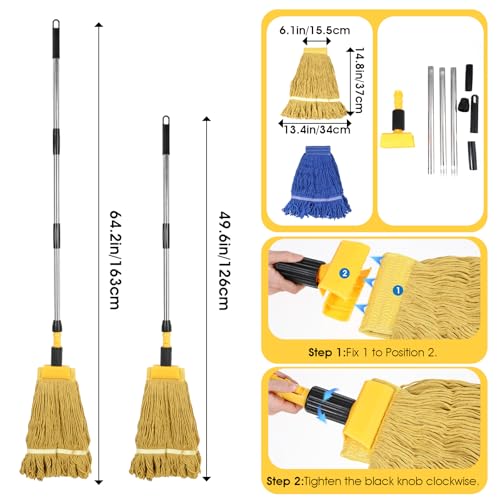 Image of Commercial Mop, Looped-End String Industrial Mop, Heavy Duty Mops with 2 String Mop Heads for Floor Cleaning, Blue and Yellow
