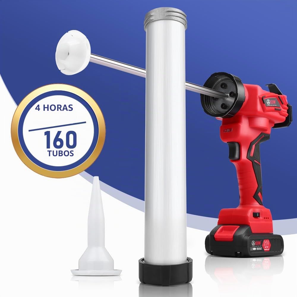 Prensa de cartuchos eléctrica de 500 W con 2 baterías (21 V 2 Ah), jeringa de silicona, pistola de calafateo 7840N con LED, 0-32 mm/s, 6 niveles ajustables, para salchichas de 600 ml, cartucho de 310