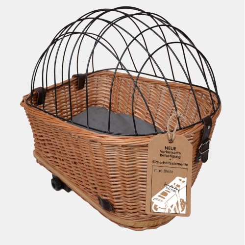 UNUS Panier de vélo pour chien pour porte-bagages en osier avec housse en grille et coussin 47 x 29 x 34 cm