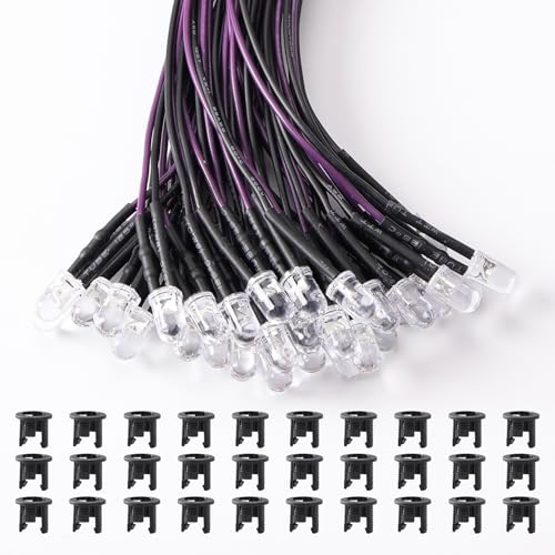 Lyeteung 30 Piezas 5mm 12V LED de Diodo Pre Cableado, Morado, 20cm Precableado LED Diodos Emisores de Luz + 30 Piezas 5mm Diodo Soporte Plastico