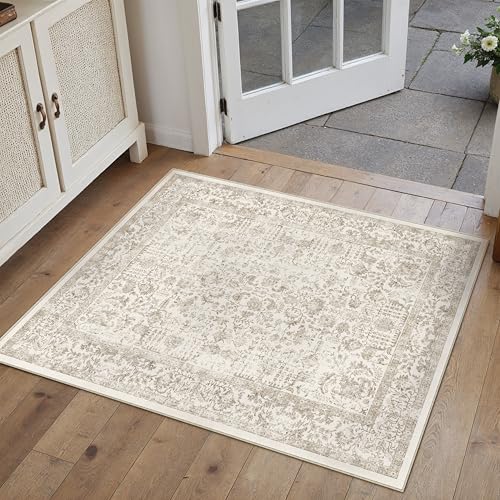 Light Brown Entryway Area Rug 2x3 Door Mat Machine Washable Kitchen Vintage Distressed Non Slip Carpet Indoor Retro Floral Accent Throw Small Rug for Bathroom Office Bedroom Dining Room