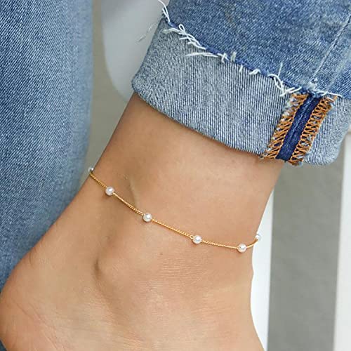 Tasiso AK-01-7 PEARL-GD 14K Gold Plated Handmade Pearl Anklet Dainty Minimalist Pearl Chain Ankle Bracelets Waterproof Boho Summer Jewelry 8.3 Inch thumb #1