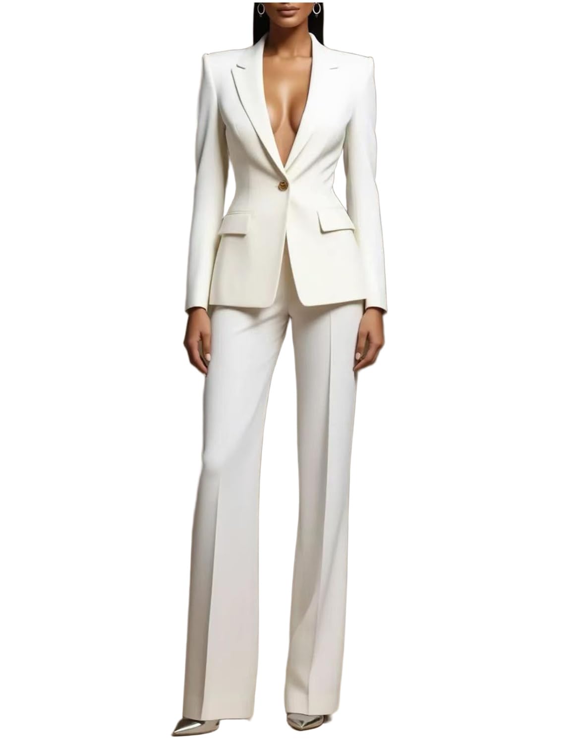 Kromoc Womens Two-Piece One Button Peak Lapel Tuxedos Jacket Pants Set Daily Uniform