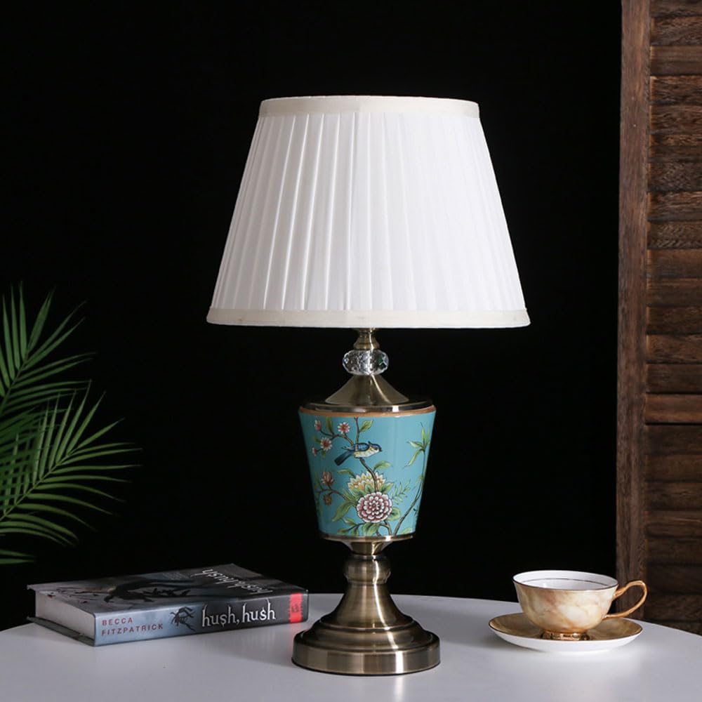 SGKOMN Table Lamp American Minimalist Ceramic Bedroom Bedside Lamp Copper Living Room European New Chinese Nightstand Lamp For Bedroom Living Room Office College Bookcase-G