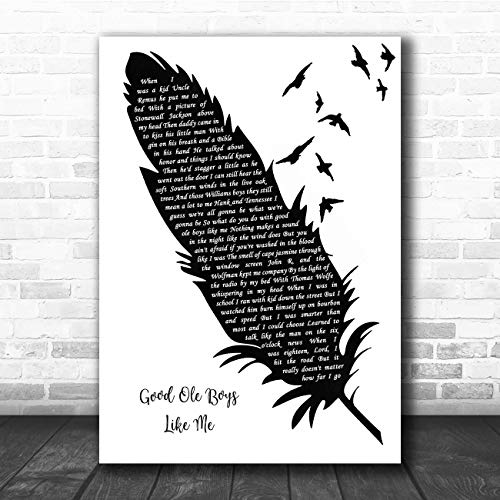 Good Ole Boys Like Me Black & White Feather & Birds Song Lyric Print