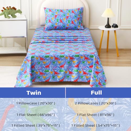 Image of Viviland 3 Pieces Boys Dinosaur Twin Sheet Set - Soft Microfiber Fitted Flat Sheets & Pillowcase Bed Sheet Set - Blue Forest Dinosaur Print Bedding Sets for Kids