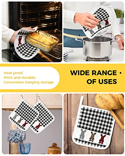 Pot Holder Set Of 2 Happy Easter Bunny Black White Buffalo Grid Potholder Heat Proof Non-Slip Pot Holders,Leopard Rabbit Red Check Hot Pads Potholders For Kitchen Cooking Baking Bbq #TOP4