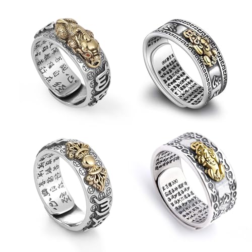 HUASAI 4Pcs Pixiu Ring for Women Men Feng Shui Good Luck Rings Protection Wealth Health Gift Inspirational Jewelry Gift