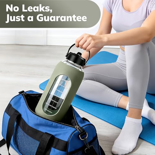 Image of Aqulea 64oz oz Glass Water Bottle with 2 Lids - Spout & Straw Lids, Borosilicate Glass Water Bottle with Time Marker & Silicone Sleeve, Leakproof