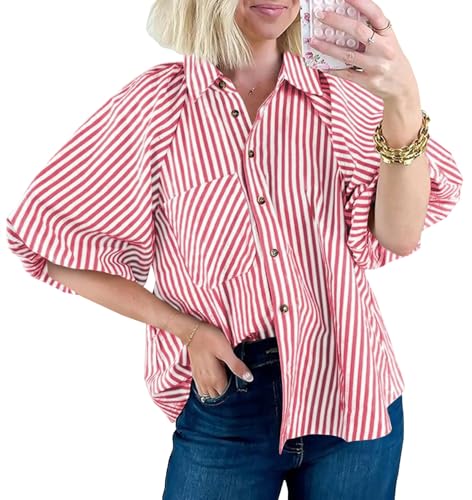 Image of Tankaneo Womens Short Puff Sleeve Button Down Shirts Striped Trendy Casual Loose Fit Blouse V Neck Collared Tops