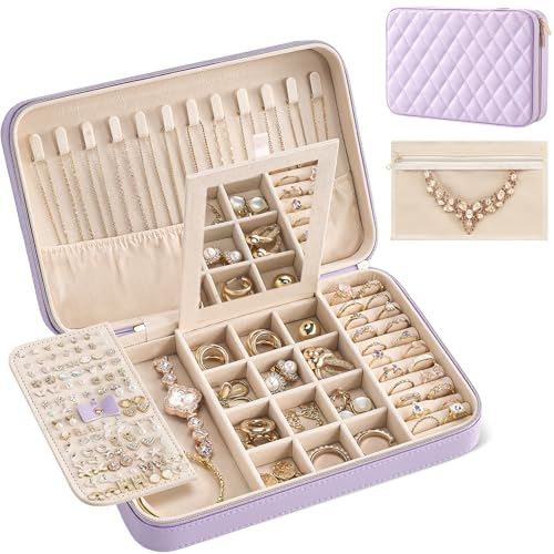 Listado de Collares Morados - los más vendidos. 46 Lolalet Caja Portable para Joyas, Estuche Joyero Organizador con Espejo para Anillos Aretes Collares Pendientes -L,Morado